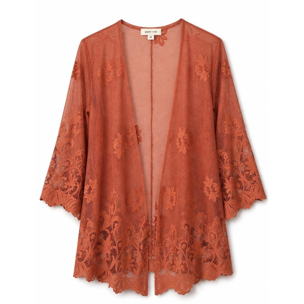 Paper Tee Rust Floral Lace Kimono Duster Burnt Orange Bell Sleeve Cardigan M